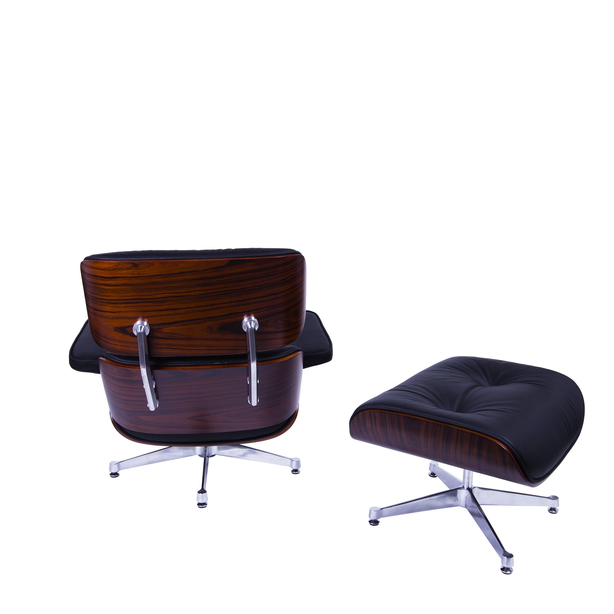Charles Eames style, Krzesło pokładowe z taboretem EA670 czarny Drewno różane Polerowana podstawa