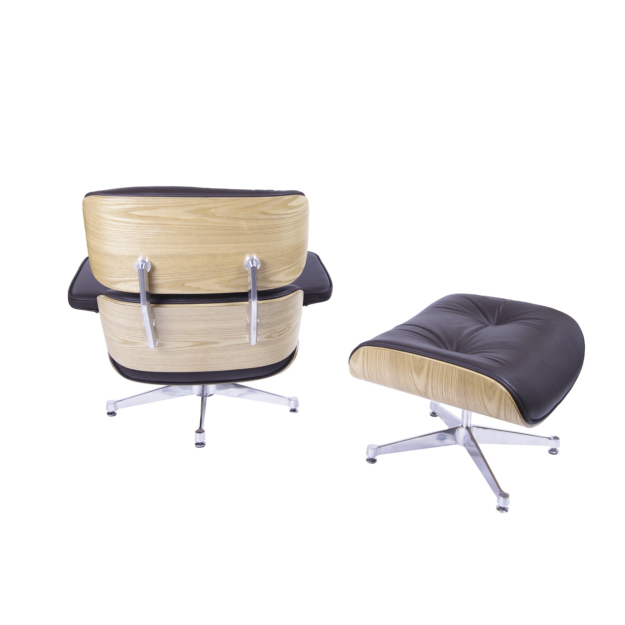 Charles Eames style, Krzesło pokładowe z taboretem EA670 XL brązowy jesion Polerowana podstawa