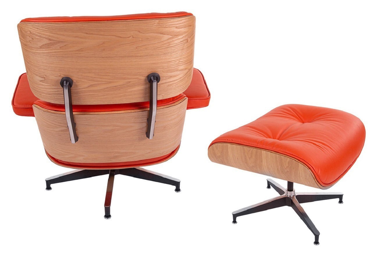 Charles Eames style, Krzesło pokładowe z taboretem EA670 SPECIAL EDITION czerwony jesion Czarna podstawa